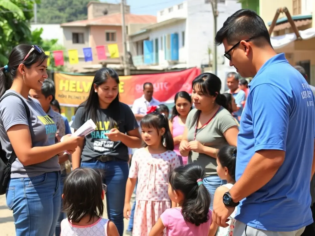 An inspiring image of a cultural outreach event in a local neighborhood, showing HELVETE volunteers engaging with residents and promoting cultural awareness and participation.