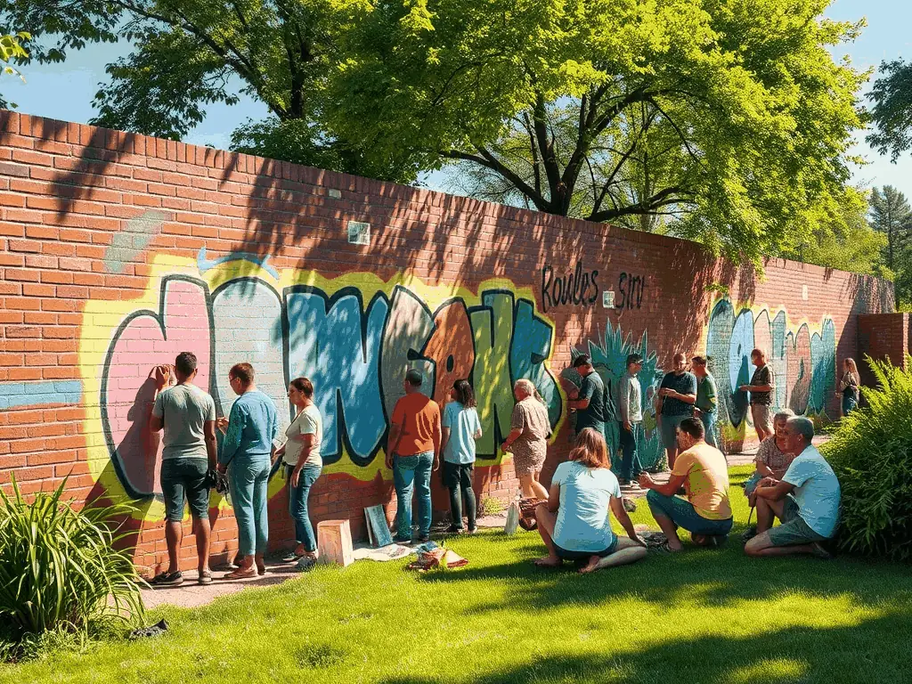 A vibrant mural on a building wall, created by local artists in collaboration with community members, showcasing themes of unity and cultural identity.