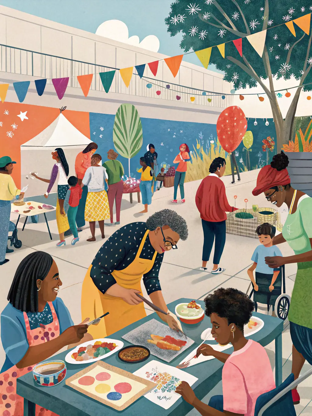 A vibrant photograph capturing a community art workshop in Dijon, France, where participants of diverse ages are collaboratively painting a large mural, reflecting HELVETE's commitment to accessible cultural experiences.