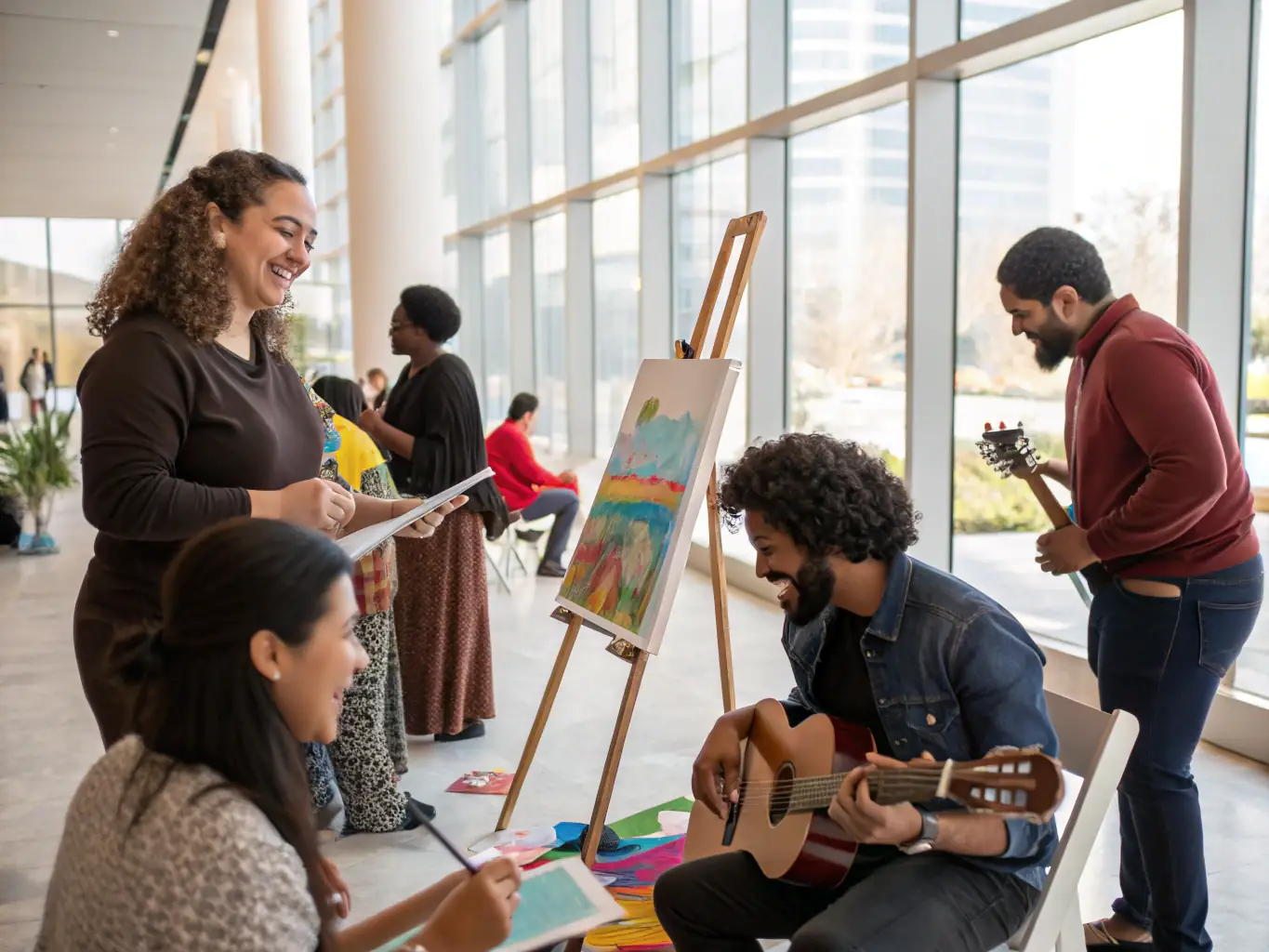 A vibrant image depicting a community art workshop, with participants of all ages engaged in painting and creative activities, reflecting HELVETE's commitment to accessible arts education.