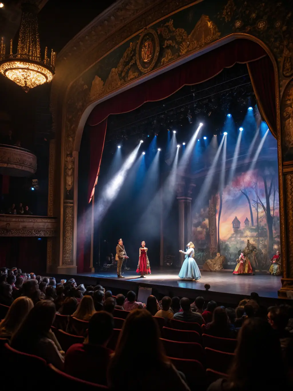 A dynamic image showing a live theater performance supported by HELVETE, featuring actors on stage in a local community center, with an audience of families and individuals enjoying the show.